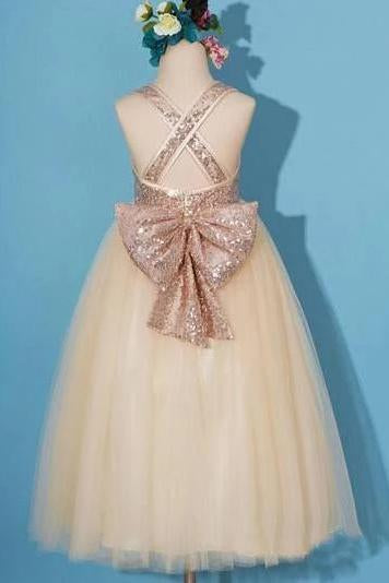 Princess Gold Sequin Shiny Round Neck Flower Girl Dresses with Bowknot, Baby Dresses STF15589