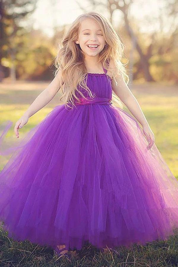 Princess Purple Ball Gown Square Neck Layers Tulle Flower Girl Dresses, Bowknot Baby Dresses STF15304