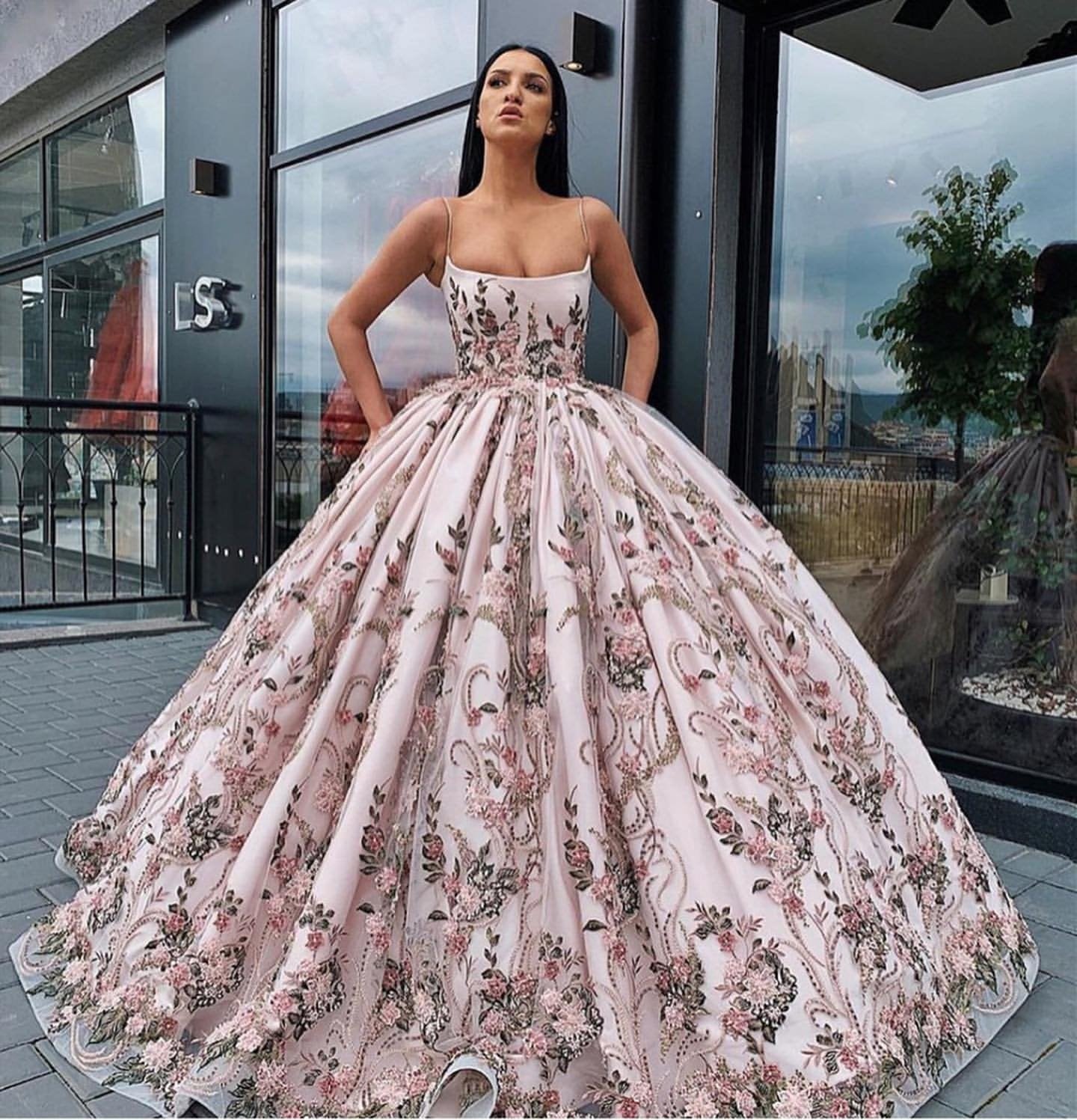 Princess Ball Gown Spaghetti Straps Beads Floral Print Prom Dresses Long Quinceanera Dress STF15294