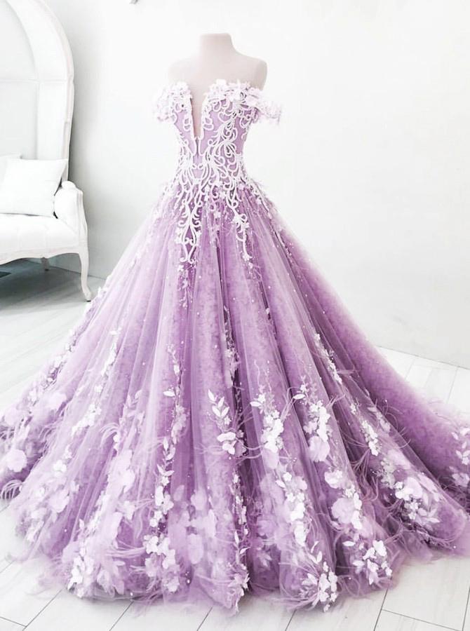 Ball Gown Off the Shoulder V Neck Tulle Lavender Beads Prom Dresses, Quinceanera Dresses STF15562