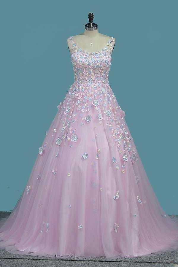 2024 Quinceanera Dresses A-Line Tulle With Applique Sweep PHQDA2D5