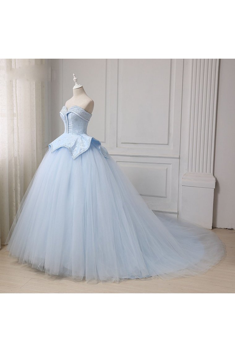 Sweetheart Ball Gown Beading Tulle Prom Dress Court Train Quinceanera STFP5FLTMDC