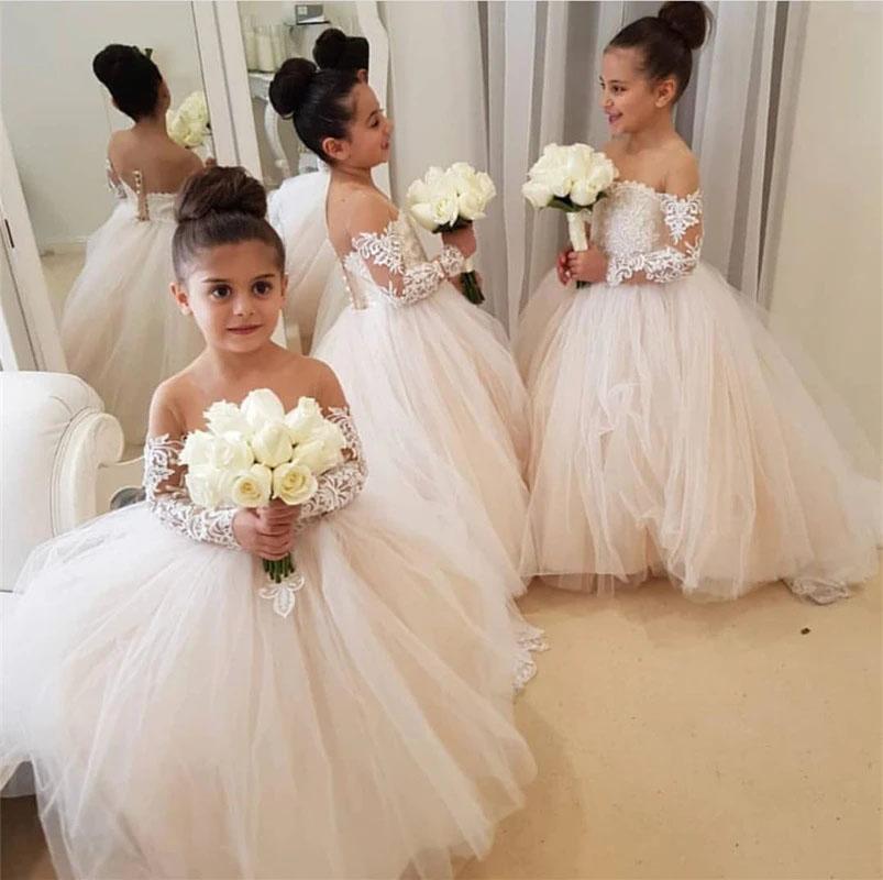 Ball Gown Long Sleeve Tulle Appliques Flower Girl Dresses with Bowknot, Baby Dresses STF15560