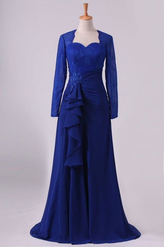 2024 Mother Of The Bride Dresses Long Sleeves Chiffon With Applique Open Back Dark Royal PYMJCX7S