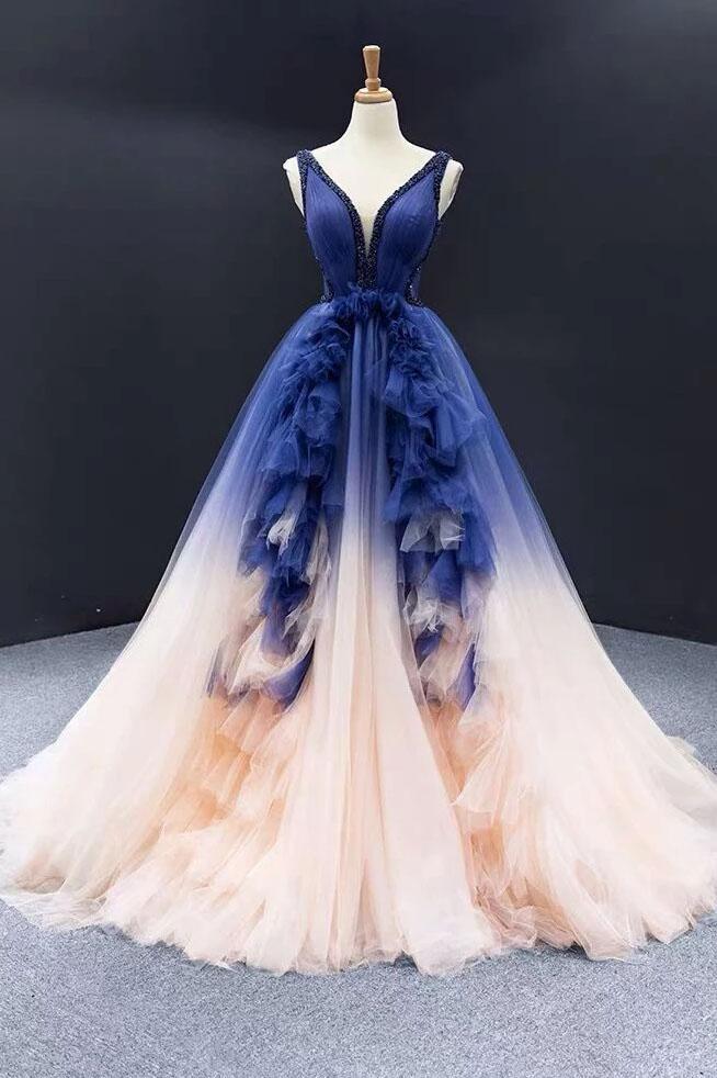 Ball Gown Ombre V Neck Tulle Royal Blue Long Prom Dresses, Quinceanera Dresses STF15067