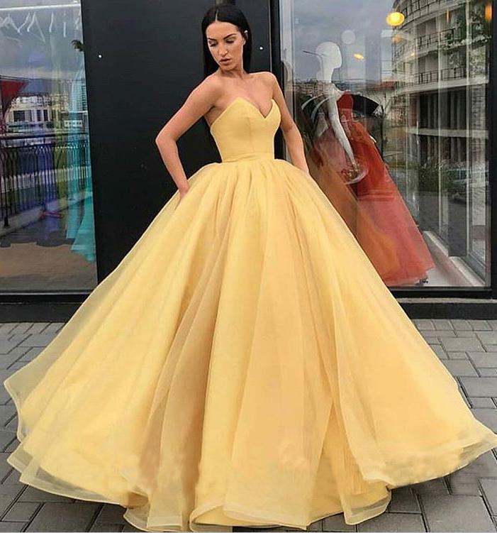 Sweetheart Strapless Yellow Long Modest Prom Gown, Ball Gown Quinceanera Dresses STF15441