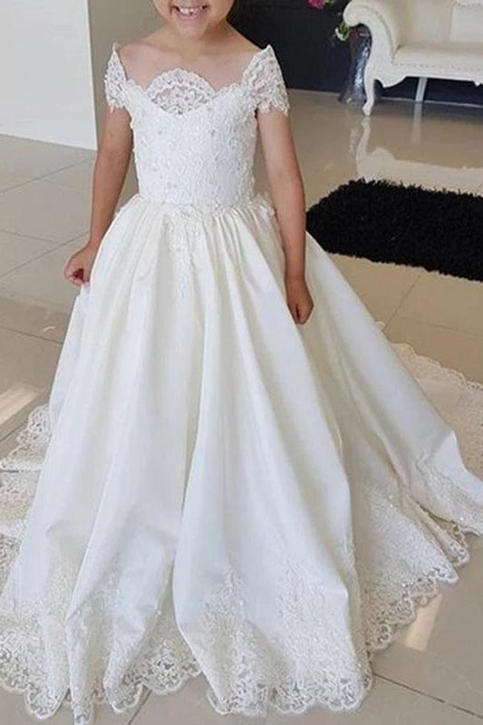 Lovely Cap Sleeves Appliques Ball Gown Little Flower Girl Dress, Off the Shoulder Baby Dress STF15257