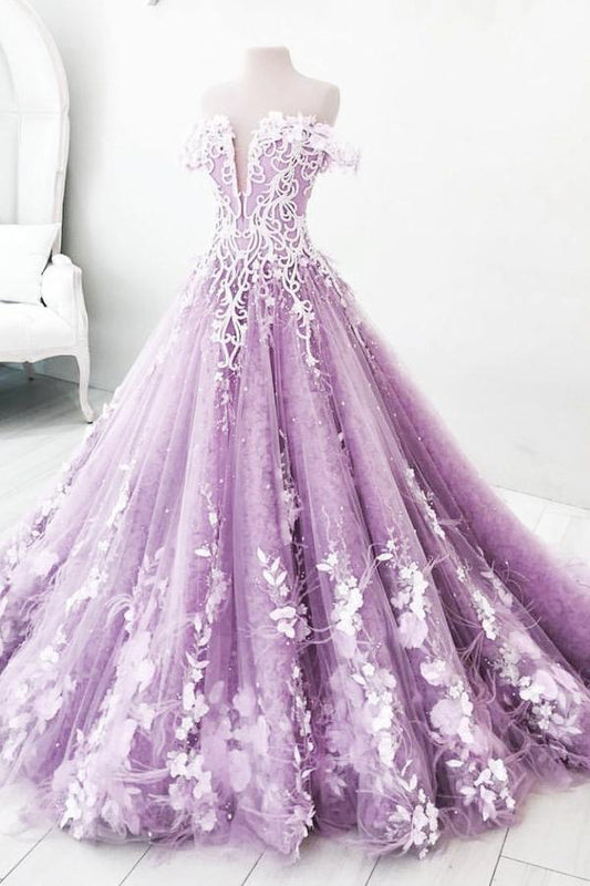 Ball Gown Off the Shoulder V Neck Tulle Lavender Beads Prom Dresses, Quinceanera Dresses STF15562