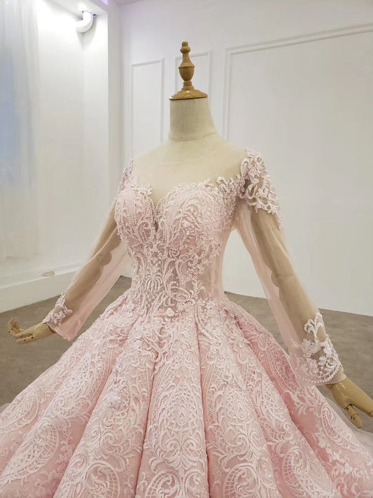 Elegant Ball Gown Pink Long Sleeves Appliques Prom Dresses, Quinceanera STF20481