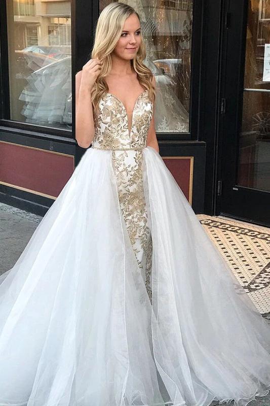 Sheath Spaghetti Straps White Detachable Train Prom Dress with Appliques, Quinceanera Dresses STF15373