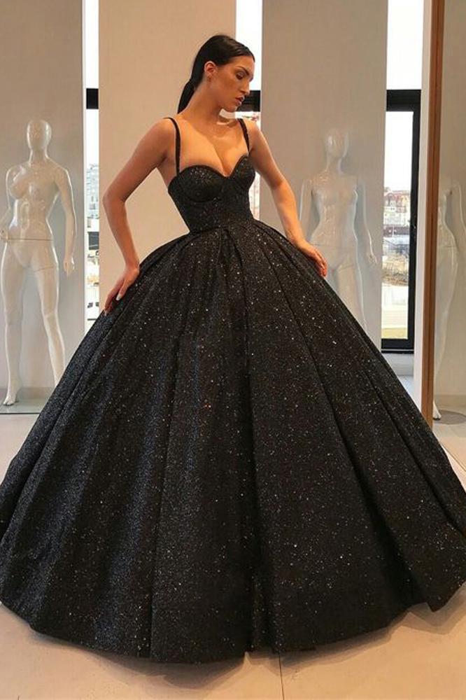 Spaghetti Straps Black Sweetheart Quinceanera Dresses, Ball Gown Sequins Prom Dresses STF15410