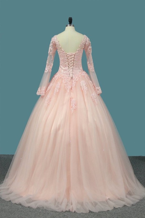 2024 Ball Gown Long Sleeves V Neck Quinceanera Dresses Tulle PJKXJ881