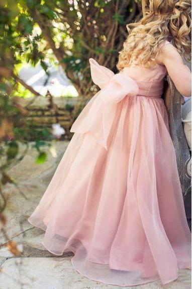 Cute Pink Tulle Flower Girl Dresses with Sash Floor Length, Round Neck Child Dresses STF15575