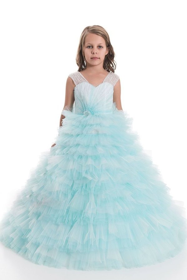 2024 Tulle V Neck With Beading Flower Girl Dresses A Line PRZKR41M