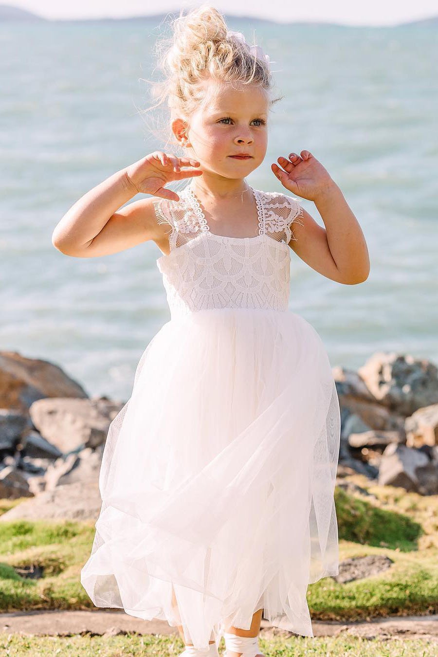 Cap Sleeves Lace Top Tulle Skirt Flower Girl Dresses, Beach Cute Little Girl Dresses STF15567