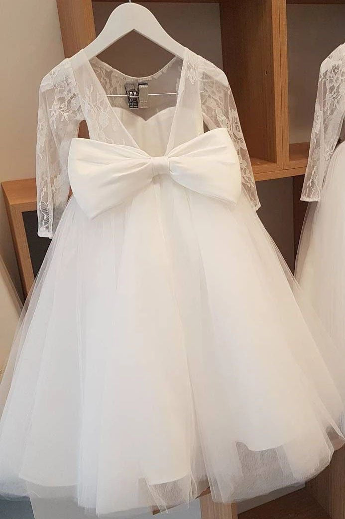 Ball Gown Lace Long Sleeves Flower Girl Dress With Bowknot Back, Round Neck Baby Dresses STF15058