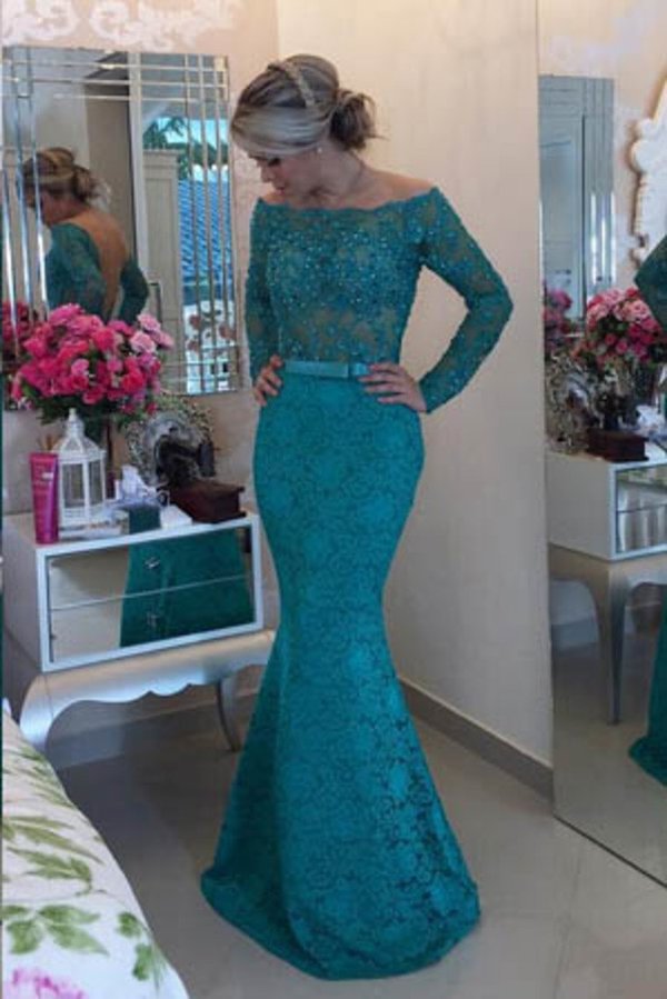 2024 Long Sleeves Boat Neck Prom Dresses Mermaid Lace With Sash And PJB6SF3D