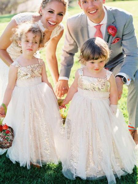 Cute Glitter A Line Gold Sequins Tulle Flower Girl Dresses, Little Girl Dresses STF15573