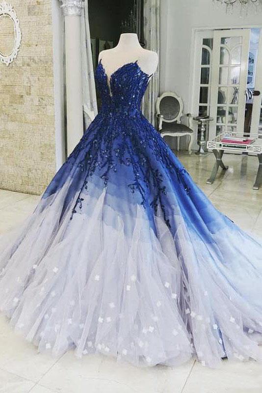 Ombre Ball Gown Royal Blue Prom Dresses With Appliques, Long V Neck Quinceanera Dresses STF15275