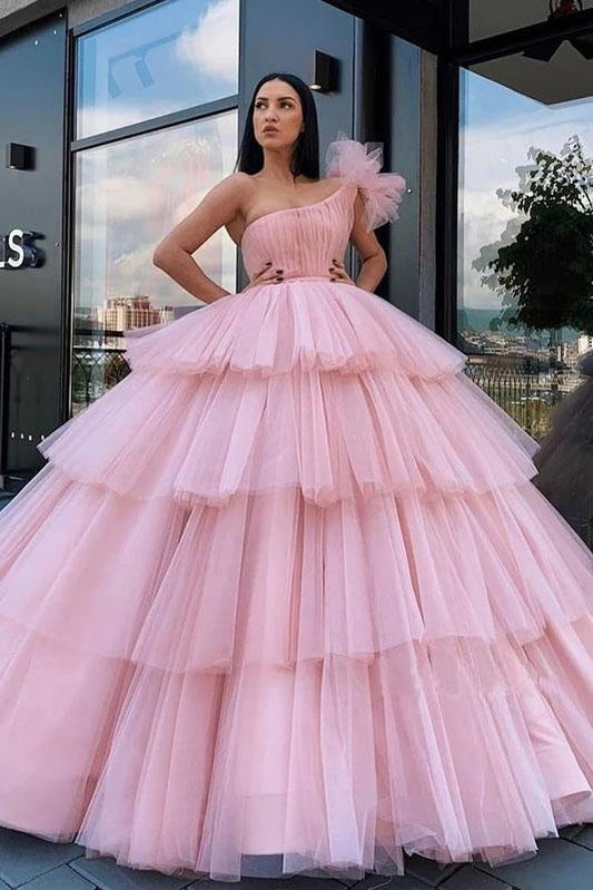 Charming Ball Gown Tulle Pink One Shoulder Long Prom Dresses, Quinceanera Dresses STF15096