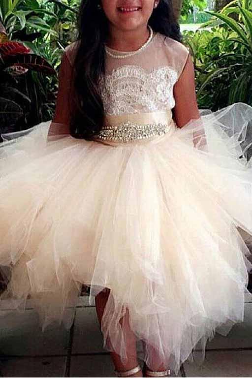 A-Line Tulle Beads Appliques Scoop Blush Pink Button Cap Sleeve Flower Girl Dresses