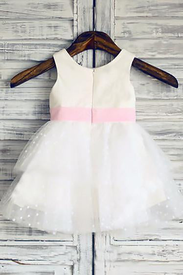 Ball Gown Scoop Neck Tulle Ivory Elastic Woven Satin Short Mini Tiered Flower Girl Dresses