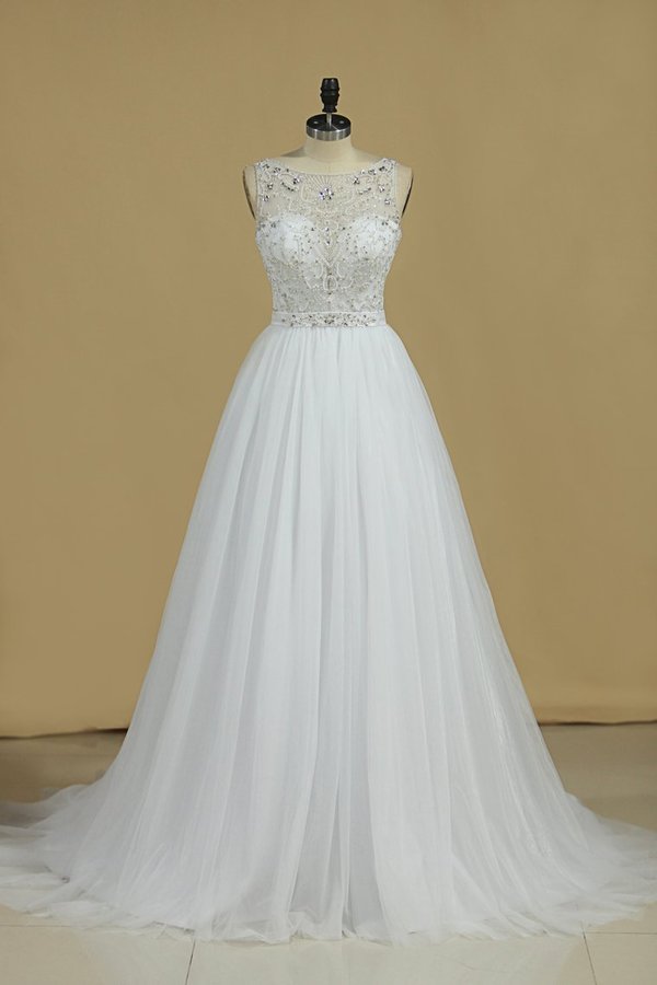 2024 A Line Bateau Open Back Beaded Bodice Tulle Court Train Wedding PP26E27N