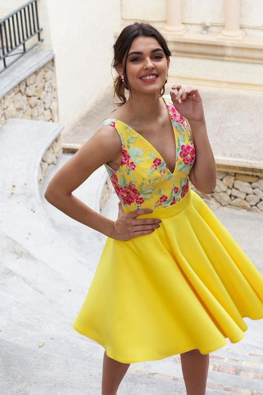 Yellow Floral Satin Illusion Back Daffodil V Neck Homecoming Dresses Short Cocktail Dresses STF14985