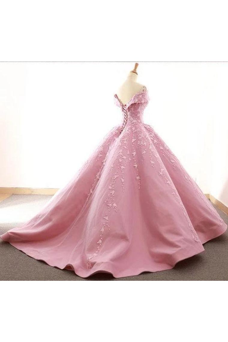 Ball Gown Off The Shoulder Satin Prom Dress With Appliques Long Quinceanera STFPDJZ6JB1