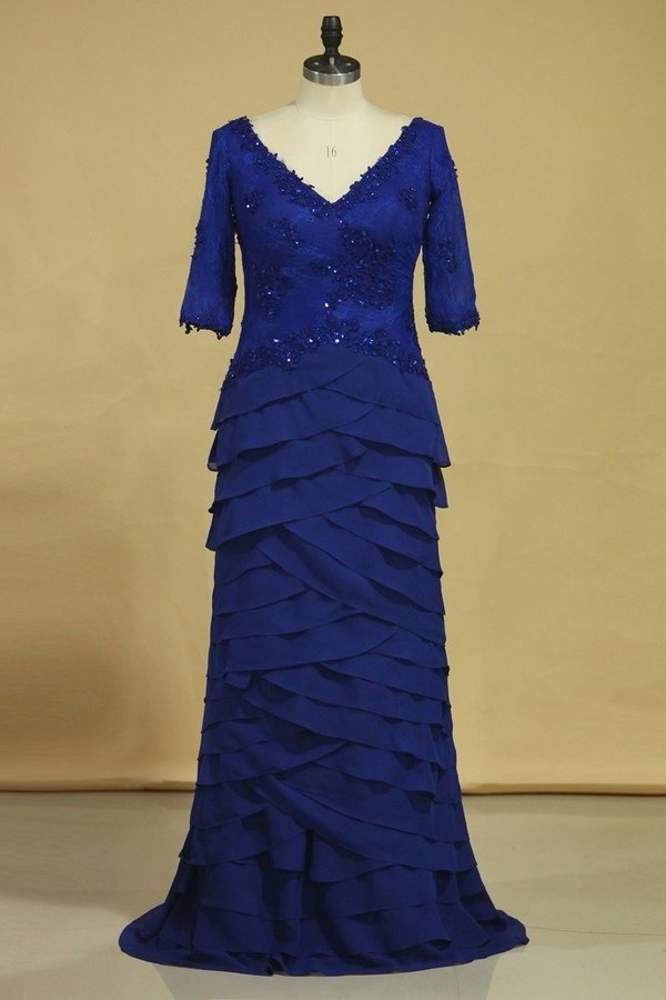 2024 Dark Royal Blue Mother Of The Bride Dresses Chiffon V Neck With 3/4 Length PQHFKK4A