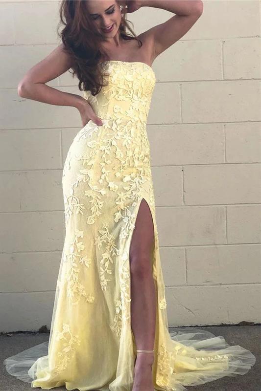 Yellow Mermaid Strapless Lace Appliques Prom Dresses with Slit, Evening STF20475