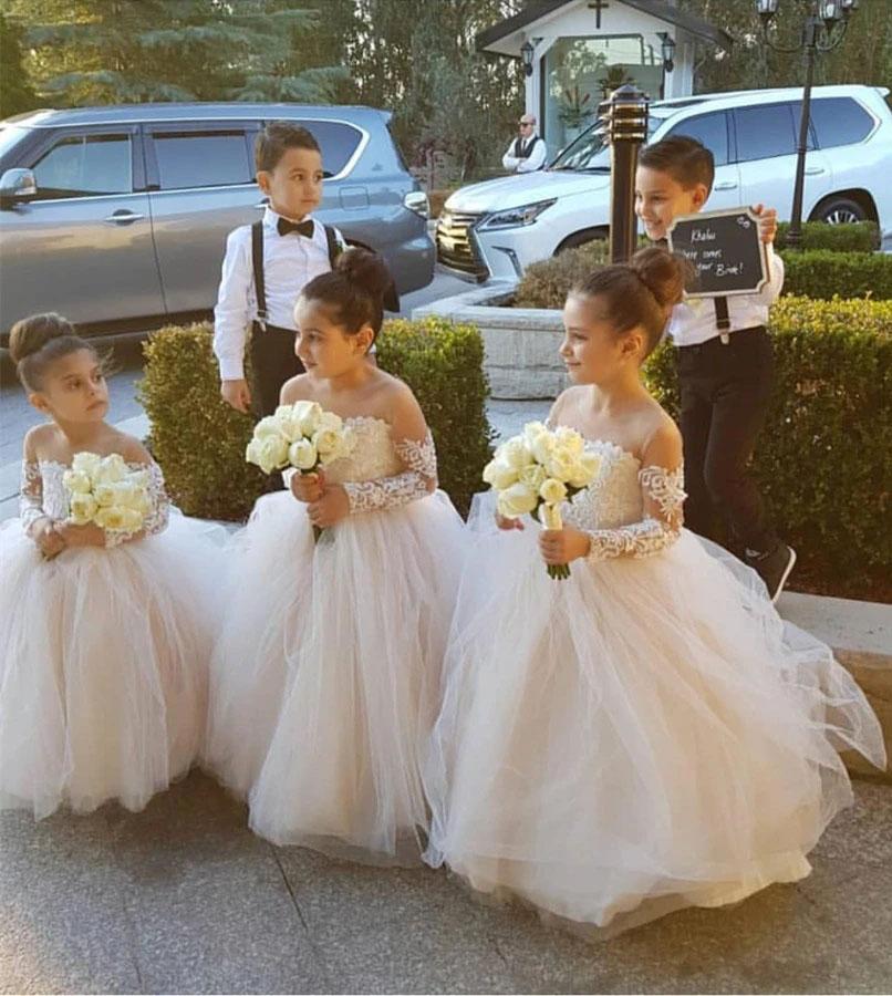 Ball Gown Long Sleeve Tulle Appliques Flower Girl Dresses with Bowknot, Baby Dresses STF15560