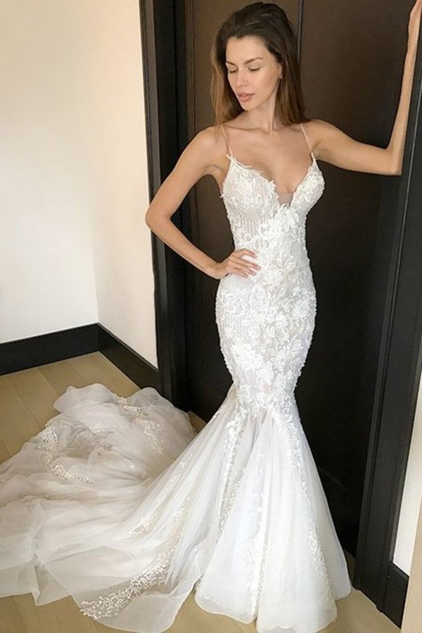 2024 Mermaid Wedding Dresses Spaghetti Straps With Applique And PF2ZAXHE