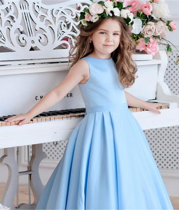 Princess A Line Sky Blue Satin Flower Girl Dresses with Bowknot, Baby Dresses STF15586