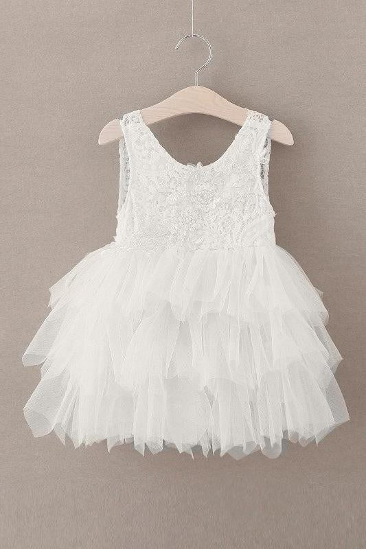 Cute Round Neck White Flower Girl Dresses Open Back Tulle Wedding Party Dresses STF15136