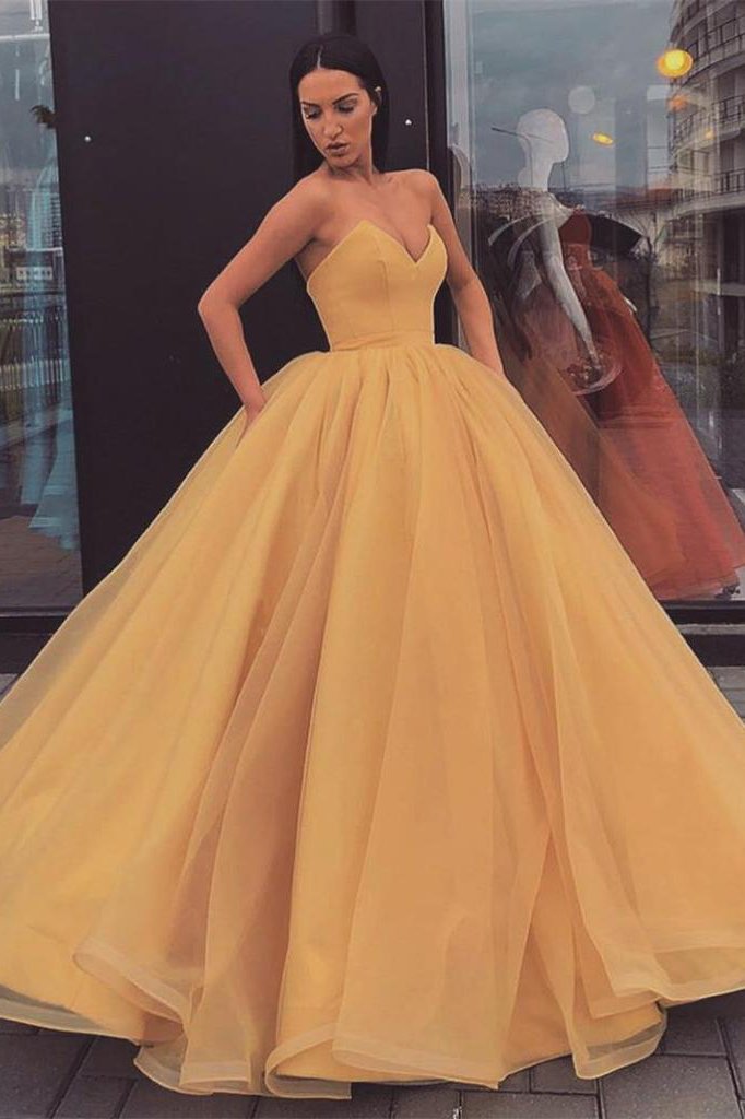 Sweetheart Strapless Yellow Long Modest Prom Gown, Ball Gown Quinceanera Dresses STF15441