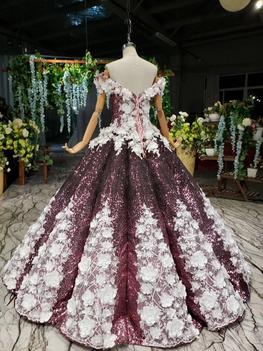 Ball Gown Off the Shoulder V Neck Satin Prom Dresses with Hand Made Flowers, Quinceanera Dress STF15064