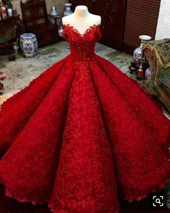 Ball Gown Red V Neck Long Off the Shoulder Prom Dresses, Quinceanera Dresses STF15563