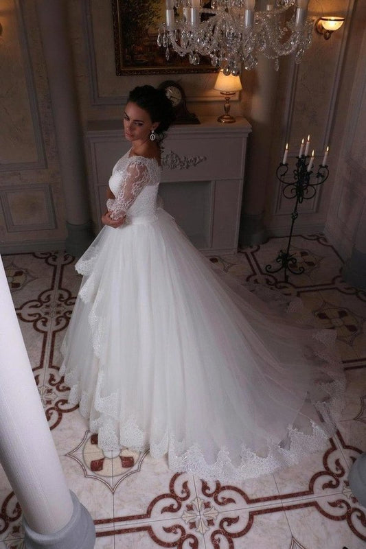 2024 3/4 Length Sleeve Wedding Dresses Ball Gown Tulle With Applique Sweep P48FZ25T