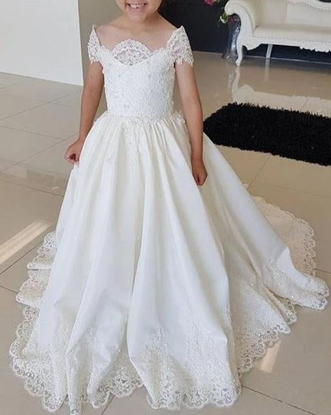 Lovely Cap Sleeves Appliques Ball Gown Little Flower Girl Dress, Off the Shoulder Baby Dress STF15257