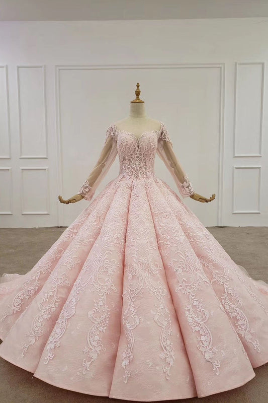 Elegant Ball Gown Pink Long Sleeves Appliques Prom Dresses, Quinceanera STF20482