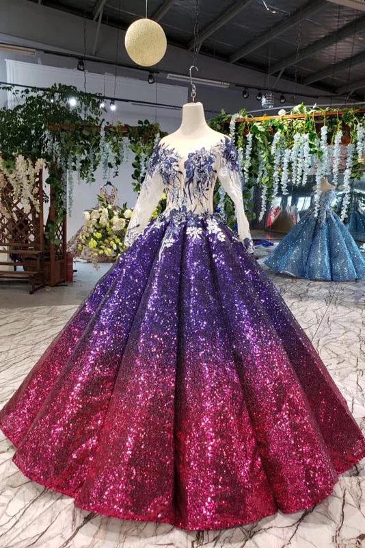 Ball Gown Ombre Sparkly Long Sleeve Sequins Prom Dresses, Quinceanera Dresses STF15066