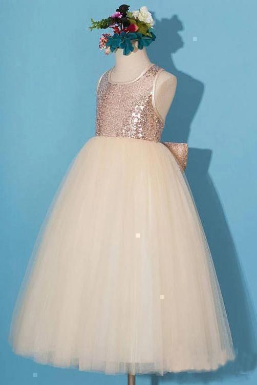 Princess Gold Sequin Shiny Round Neck Flower Girl Dresses with Bowknot, Baby Dresses STF15589