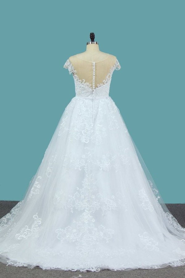 2024 A Line Lace Cap Sleeve Scoop Wedding Dresses With Beads PZ98FJLK