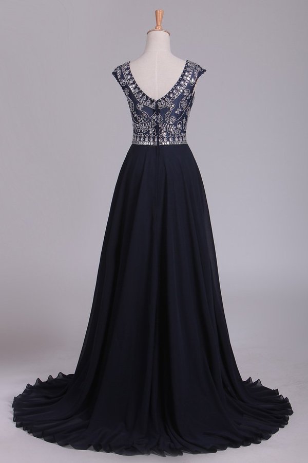 2024 Prom Dresses Scoop Cap Sleeves A Line Chiffon With Beads Sweep P6AY54T8