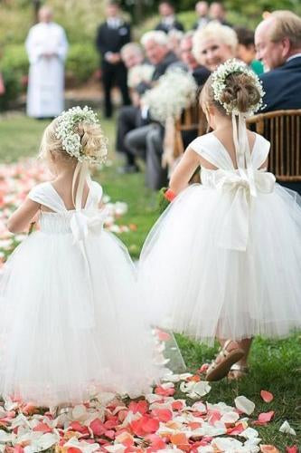 Cute A-line White Long Tulle Flower Girl Dress with Bowknot, Baby Dresses STF15572