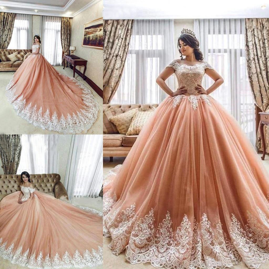 Off the Shoulder Ball Gowns Prom Dresses Lace Appliques Tulle Pink Quinceanera Dresses