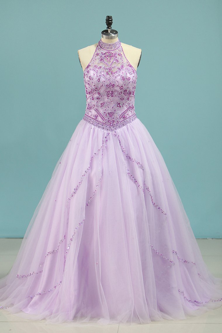 2024 High Neck Quinceanera Dresses Ball Gown With Beading Court Train