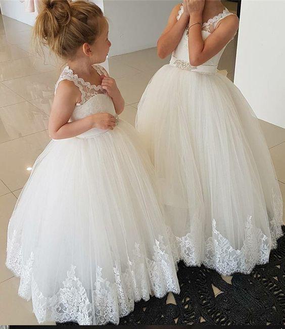 Princess Ivory Flower Girl Dresses with Lace Appliques, Cute Little Girl Dress STF15590