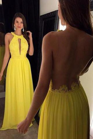 Yellow Elegant Long Beaded Chiffon Pageant Backless Prom